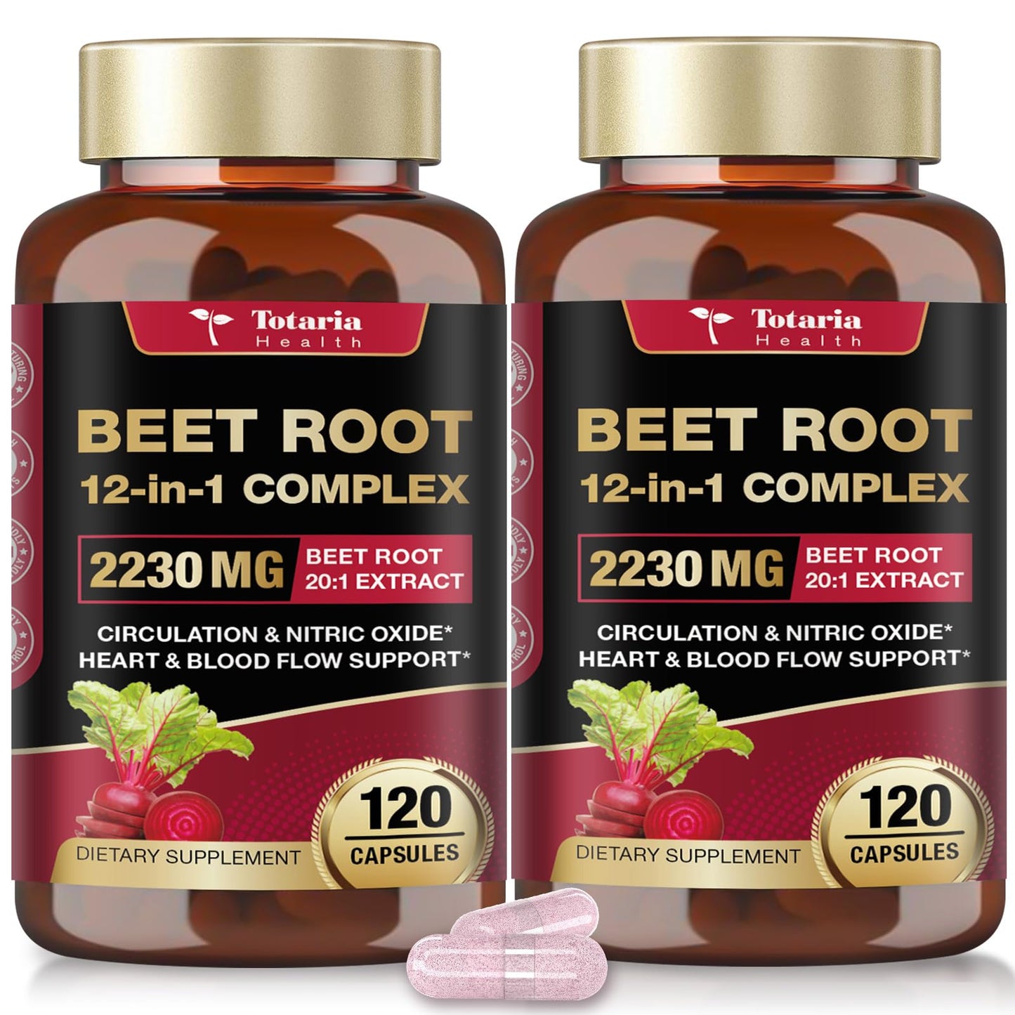 Totaria Beetroot Capsules 2230mg Support Blood Pressure & Heart Health, Nitric Oxide Supplement with Grape Seed, Hawthorn, Garlic & CoQ10, Blood Flow Beet Root Powder | 120 Count