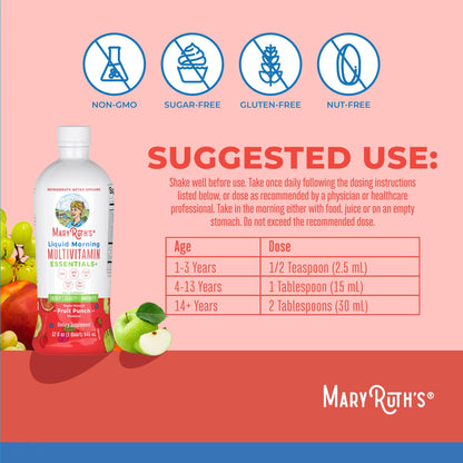 MaryRuth's Liquid Morning Multivitamin Essentials+ | Vitamin A C D E B6 B12 Biotin Zinc | Mens Womens Multivitamin | Immune Support | Beauty | Sugar Free | Vitamins for Ages 1+ | Vegan | 32 Fl Oz