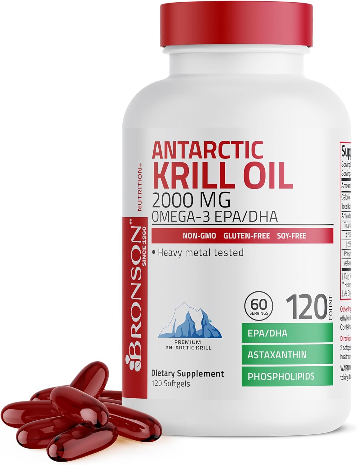Bronson Antarctic Krill Oil 2000 mg with Omega-3s, 120 Softgels | Heavy Metal Tested, with EPA, DHA, Astaxanthin and Phospholipids, Non-GMO, Gluten Free, Soy Free