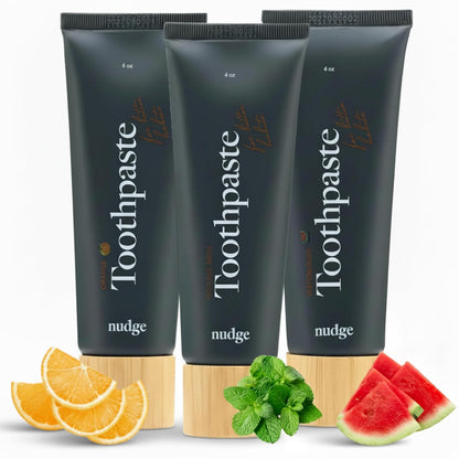 Nudge Toothpaste Variety Pack, 10% Nano Hydroxyapatite, Natural Mint, Orange, and Watermelon, Fluoride Free, SLS Free, Remin+ Formula, 3 x 4.5 oz Tubes