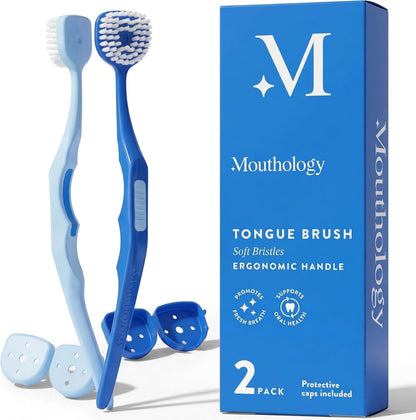 Soft Bristle Tongue Brush for Adults for Bad Breath, Halitosis & Oral Hygiene - Tongue Scraper Brush with Ergonomic Handle & Protective Cap for Easy Storage & Travel - 2 Pack