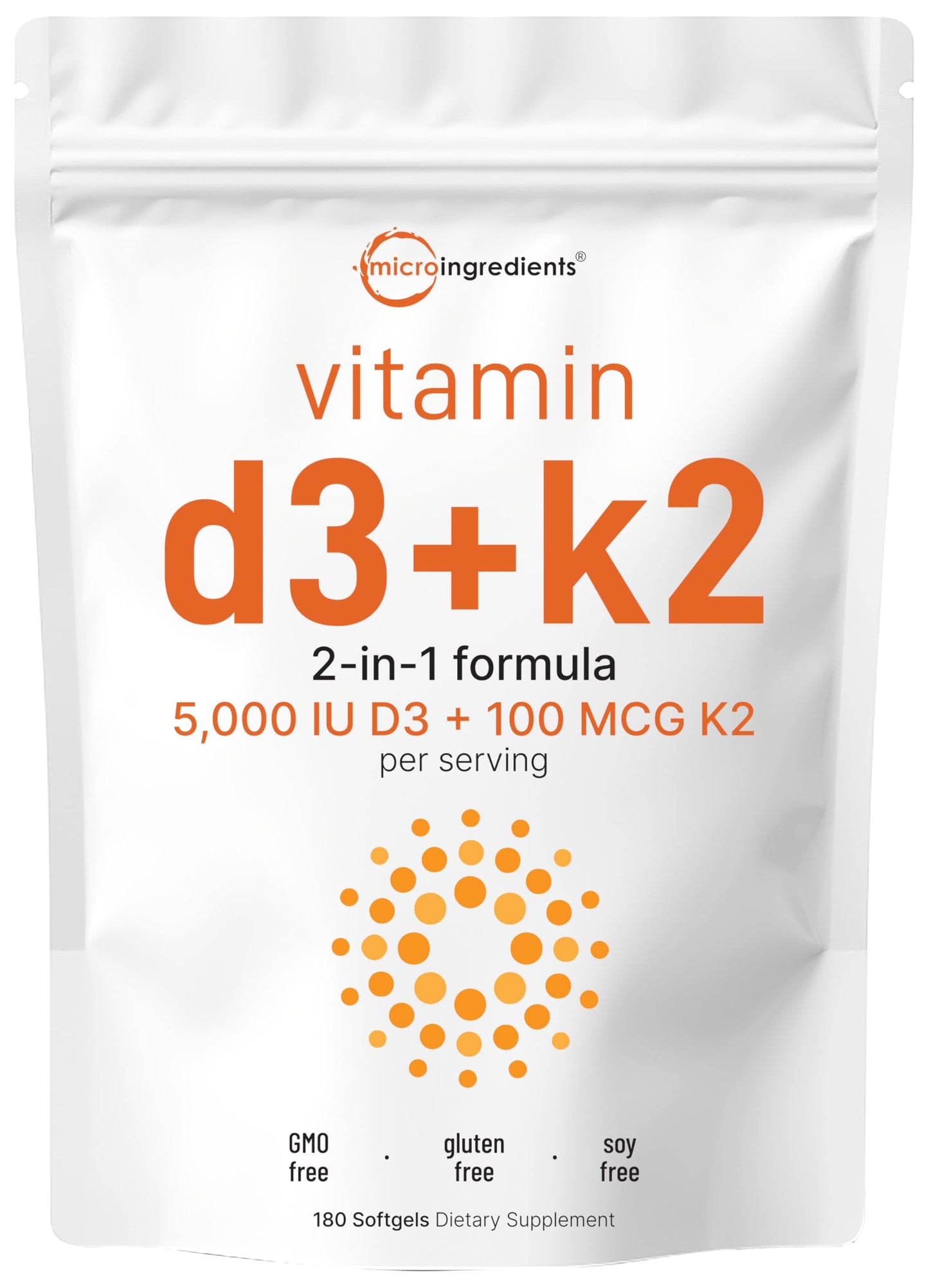 Micro Ingredients Vitamin D3 5,000 IU + K2 MK-7 100 mcg, 300 Softgels | 2-in-1 Vitamins D & K Complex | Extra Strength, Easy to Swallow, Non-GMO, Gluten Free