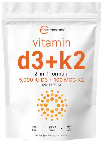 Micro Ingredients Vitamin D3 5,000 IU + K2 MK-7 100 mcg, 300 Softgels | 2-in-1 Vitamins D & K Complex | Extra Strength, Easy to Swallow, Non-GMO, Gluten Free