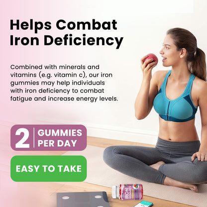 Iron Gummies with Multivitamin, Iron Supplement for Women & Men with Zinc, Vitamin B Complex & C, B12, Folate - Blood Builder & Energy Support for Adults & Kids - Strawberry Flavor, Vegan 60 Gummies