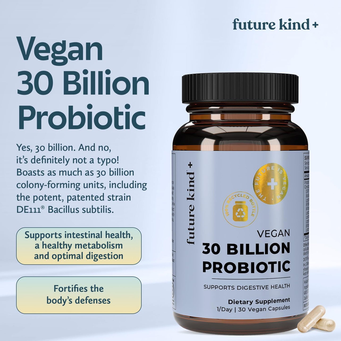 Future Kind Vegan Probiotics for Women and Men - 30 Billion CFUs Probiotics for Digestive Support (30 Adult Probiotic Capsules) No GMOs, Daily Probiotic Supplements from 42 Fruits & Vegetables