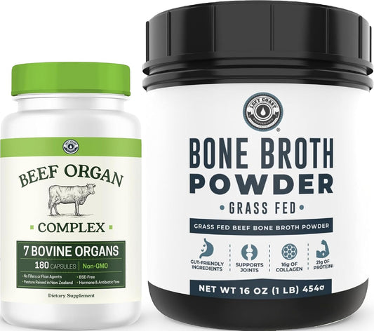 Left Coast Performance Bone Broth Protein Powder & Beef Organ Supplement - Bovine Wellness Bundle for Gut Health Energy Balance and Immune Support