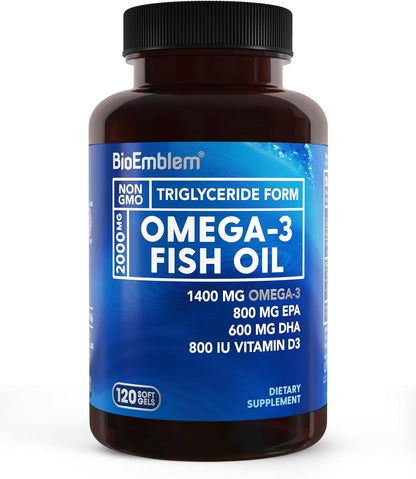 BioEmblem Omega-3 Fish Oil 2000mg Per Serving - Small Size Softgels, High Absorption Form, Sustainable - EPA &DHA Plus Vitamin D3, Non-GMO, Heart, Joint, & Brain Health Fish Oil Supplement, 120 Ct