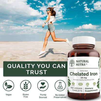 Natural Nutra Chelated Iron Supplement for Men & Women, Nails Health, Promotes Optimal Absorption, Helps Enhance Iron Level, Maintain Body Fulid, Help to Improves Hair Growth, Skin Health, 180 Tablets