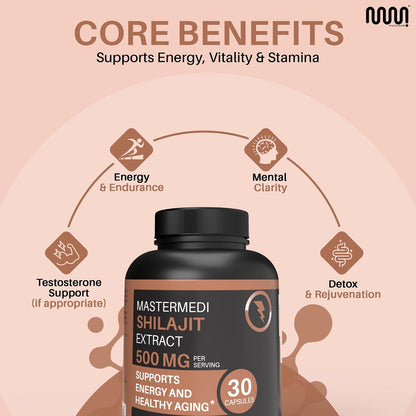 MasterMedi Shilajit 500mg – Himalayan Extract Standardized to Fulvic Acid – Energy, Stamina & Vitality Support – 30 Vegan Capsules – Non-GMO, Gluten-Free, No Fillers