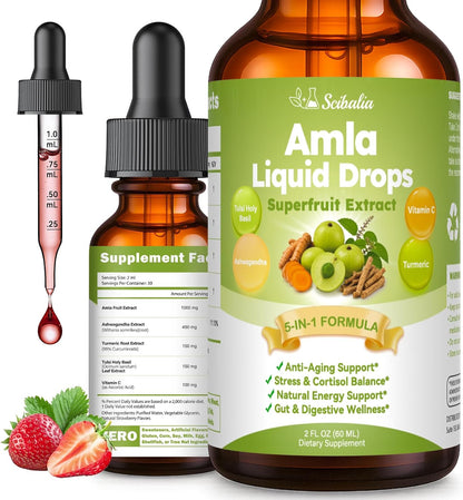 Organic Amla Liquid Drops, Indian Gooseberry Amla Superfruit Extract 1000mg | Advanced 5-in-1 Amla Herbal w. Ashwagandh Turmeric Tulsi for Antioxidant Energy & Digestive Hair Ayurvedic Daily Wellness