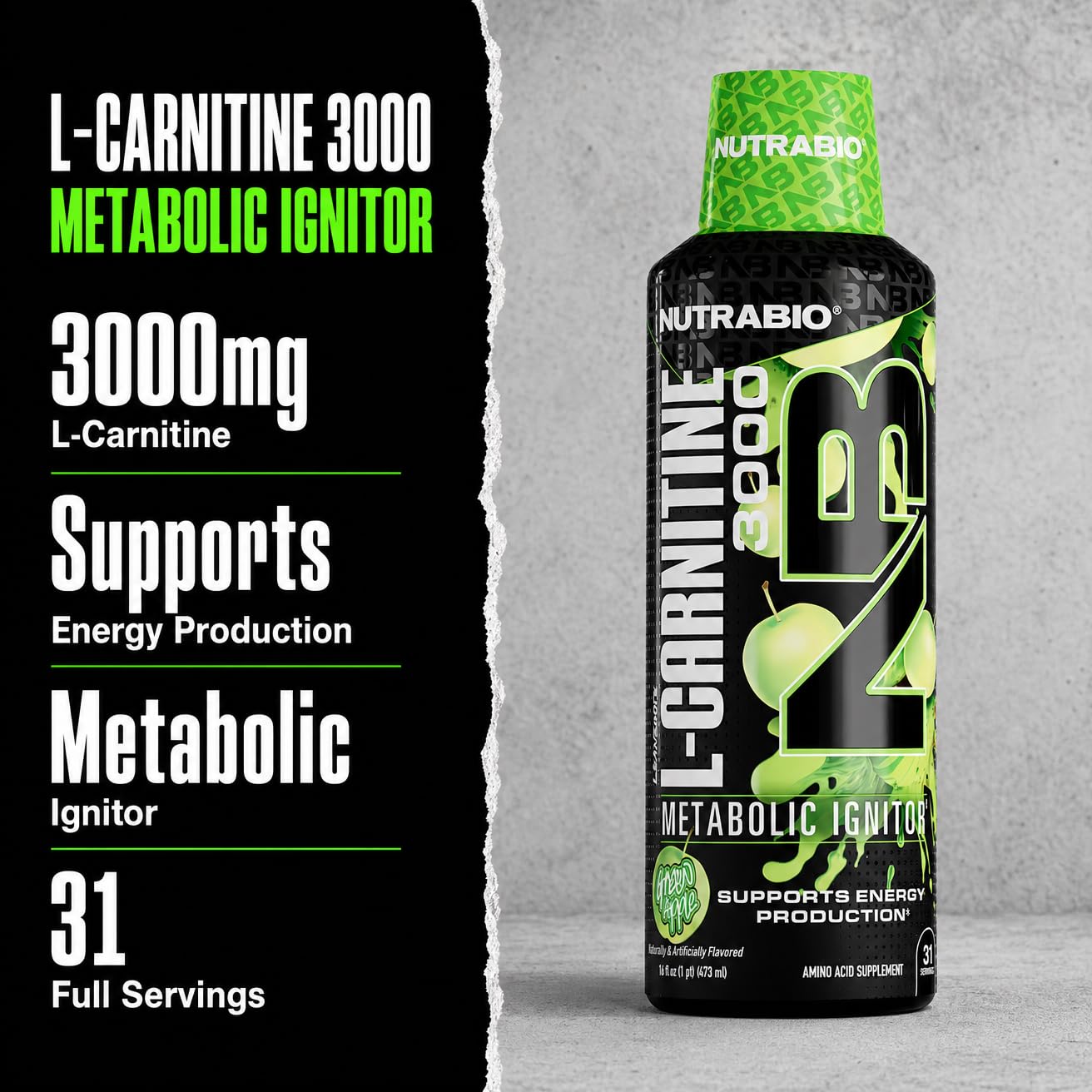 NutraBio – L-Carnitine Liquid Shots – 3000mg, (Green Apple) – 10mg of Vitamin B-5 – Zero Carbs & Sugars – Energy Production – Muscle Recovery