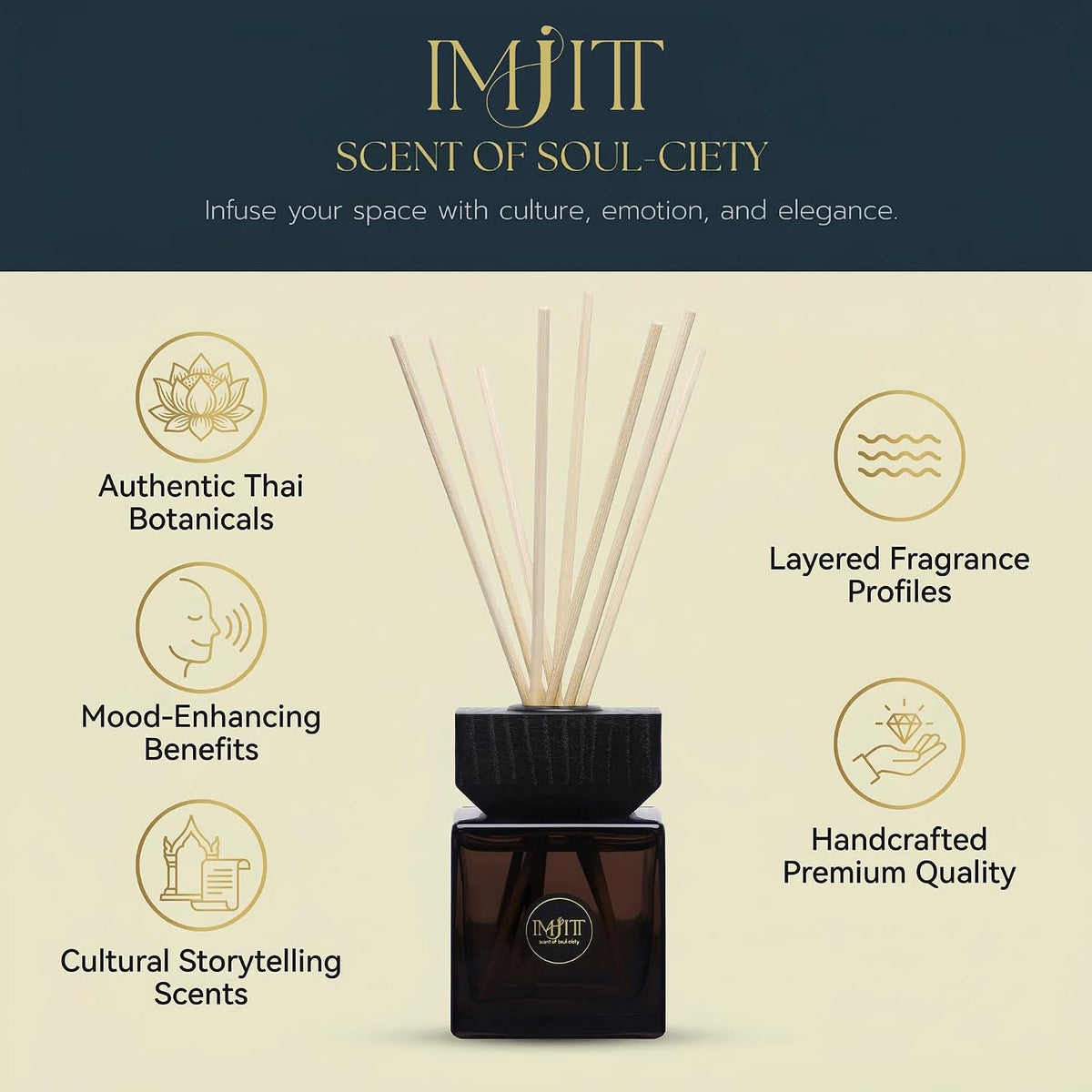 Gulab Jamun by Imjitt - Authentic Thai Botanical Aroma Diffuser with Turkish Rose and White Tea Notes, Featuring Luxury Reed diffusers for Home to Create a Welcoming, Long-Lasting Ambient Scent