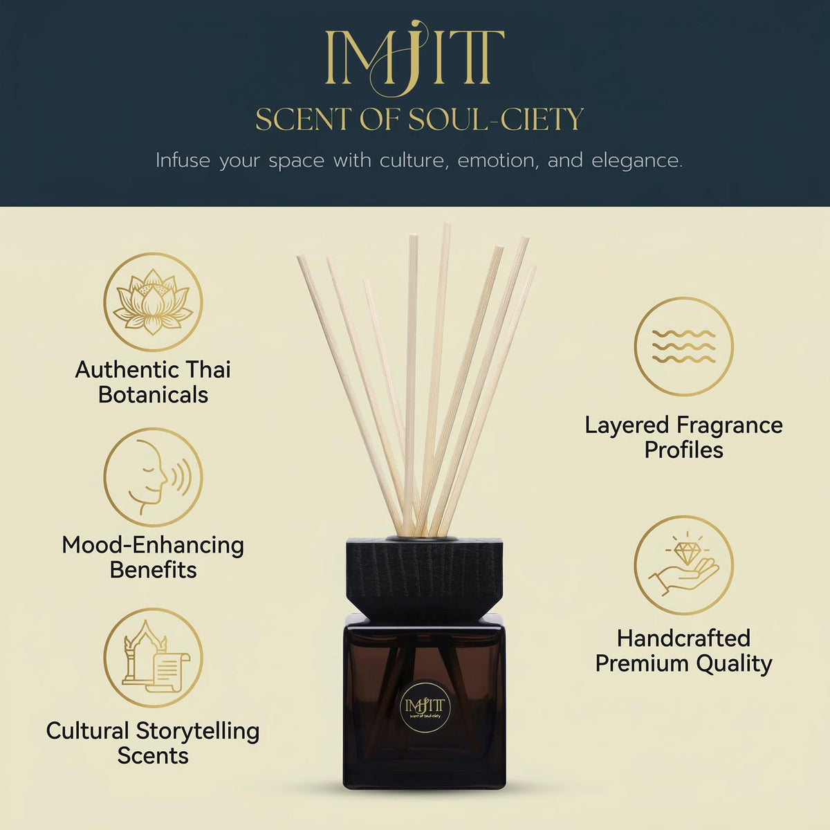 Gulab Jamun by Imjitt - Authentic Thai Botanical Aroma Diffuser with Turkish Rose and White Tea Notes, Featuring Luxury Reed diffusers for Home to Create a Welcoming, Long-Lasting Ambient Scent