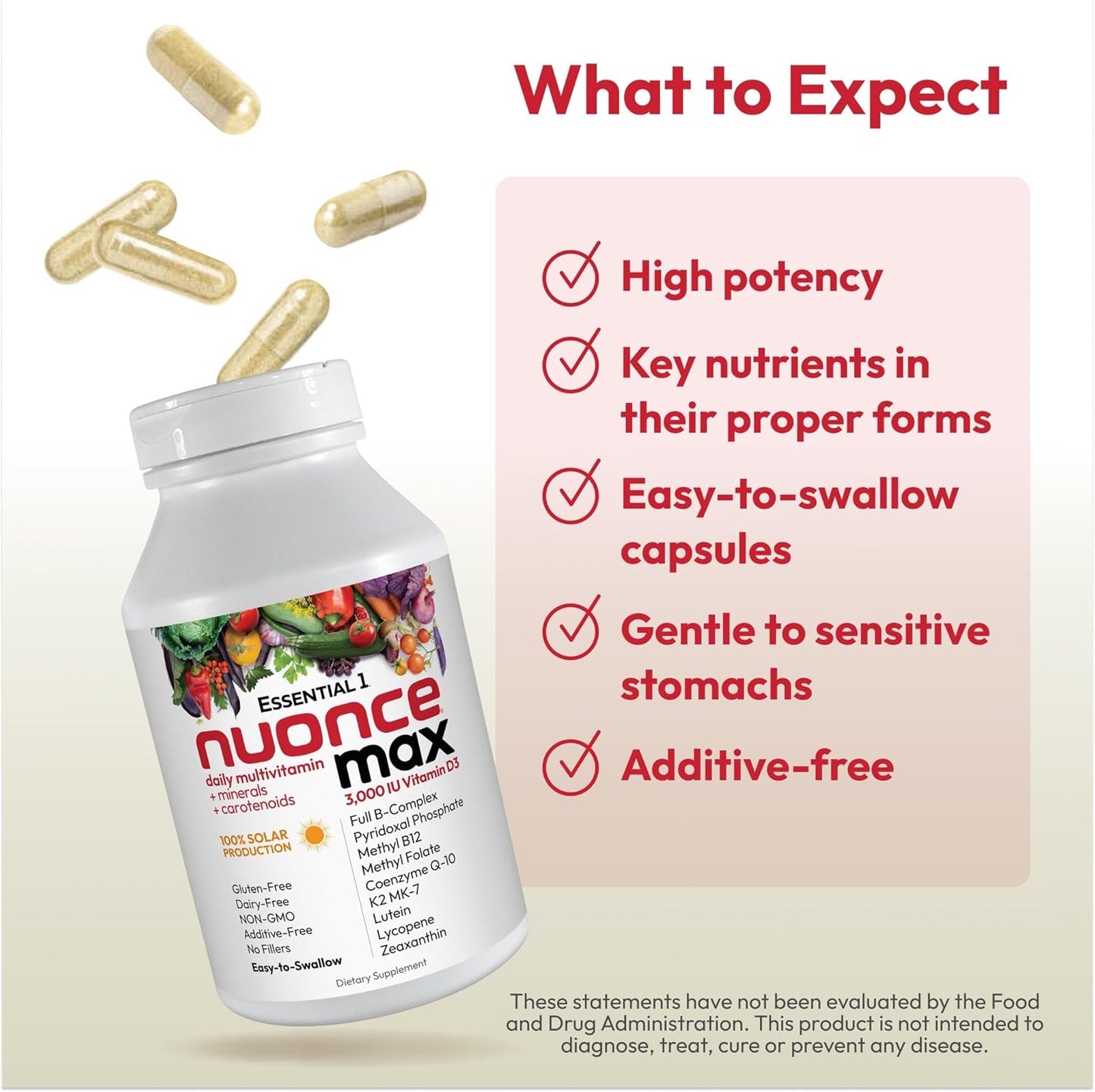 ANDREW LESSMAN Essential-1 nuonce max Multivitamin 3000 IU Vitamin D3 60 Small Capsules. 100 mcg Methyl B12. CoQ10 Lutein Lycopene Zeaxanthin. High Potency. No Additives. Ultra-Mild One Daily Capsule | Complete Daily Multivitamin & Mineral Formula with Es