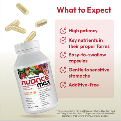 ANDREW LESSMAN Essential-1 nuonce max Multivitamin 3000 IU Vitamin D3 60 Small Capsules. 100 mcg Methyl B12. CoQ10 Lutein Lycopene Zeaxanthin. High Potency. No Additives. Ultra-Mild One Daily Capsule | Complete Daily Multivitamin & Mineral Formula with Es