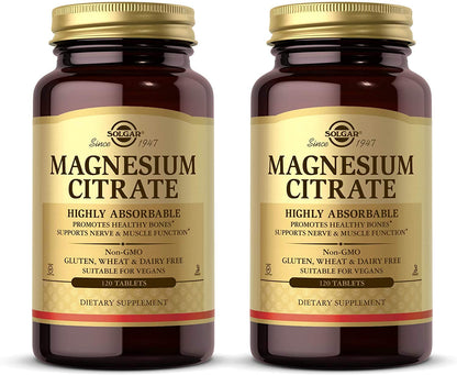 Solgar Magnesium Citrate, 120 Tablets - Promotes Healthy Bones - Supports Nerve & Muscle Function - Non GMO, Vegan, Gluten Free, Dairy Free, Kosher - 60 Servings, Standard Packaging