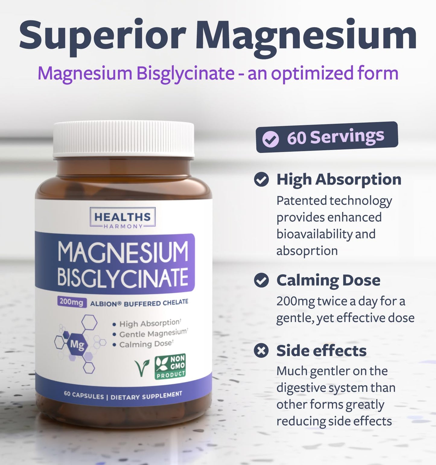 High Absorption Magnesium Bisglycinate Capsules - Clinically Validated Buffered and Chelated Magnesium Supplement - 1 Daily Vegan Capsule with Lab Verified Gentle 200mg Serving (4 Month Supply)