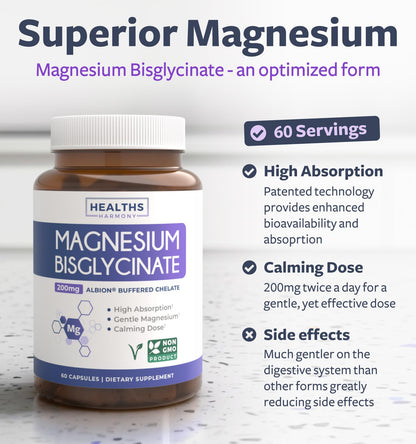 High Absorption Magnesium Bisglycinate Capsules - Clinically Validated Buffered and Chelated Magnesium Supplement - 1 Daily Vegan Capsule with Lab Verified Gentle 200mg Serving (4 Month Supply)