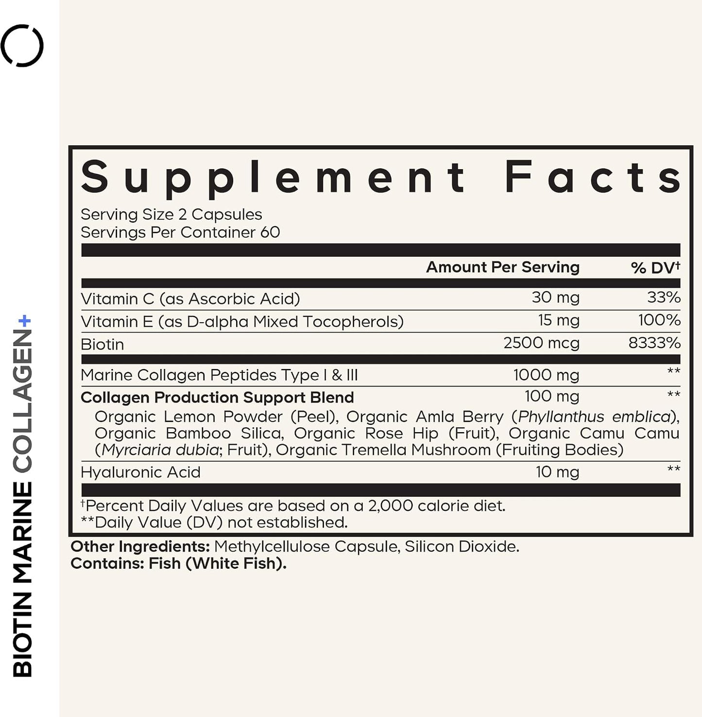 Codeage Biotin Marine Collagen Peptides - Wild-Caught Marine Collagen Types I & III, Biotin, Vitamins C & E, Hyaluronic Acid, Amino Acids, Fruit and Herb Blend, Non-GMO - 120 Capsules