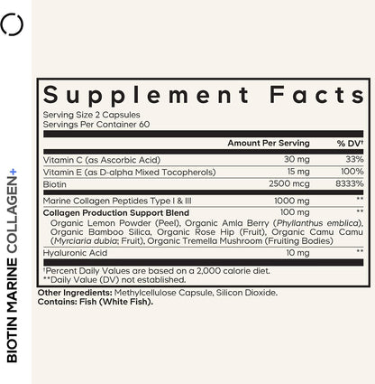 Codeage Biotin Marine Collagen Peptides - Wild-Caught Marine Collagen Types I & III, Biotin, Vitamins C & E, Hyaluronic Acid, Amino Acids, Fruit and Herb Blend, Non-GMO - 120 Capsules