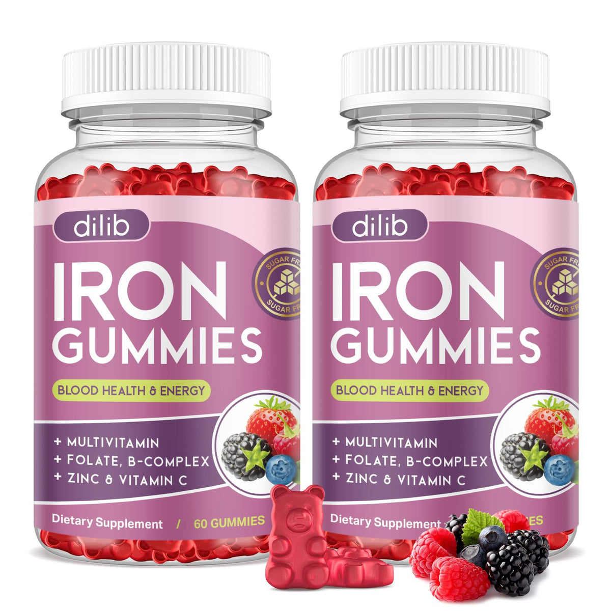 Iron Gummies with Multivitamin, Iron Supplement for Women & Men with Zinc, Vitamin B Complex & C, B12, Folate - Blood Builder & Energy Support for Adults & Kids - Strawberry Flavor, Vegan 60 Gummies