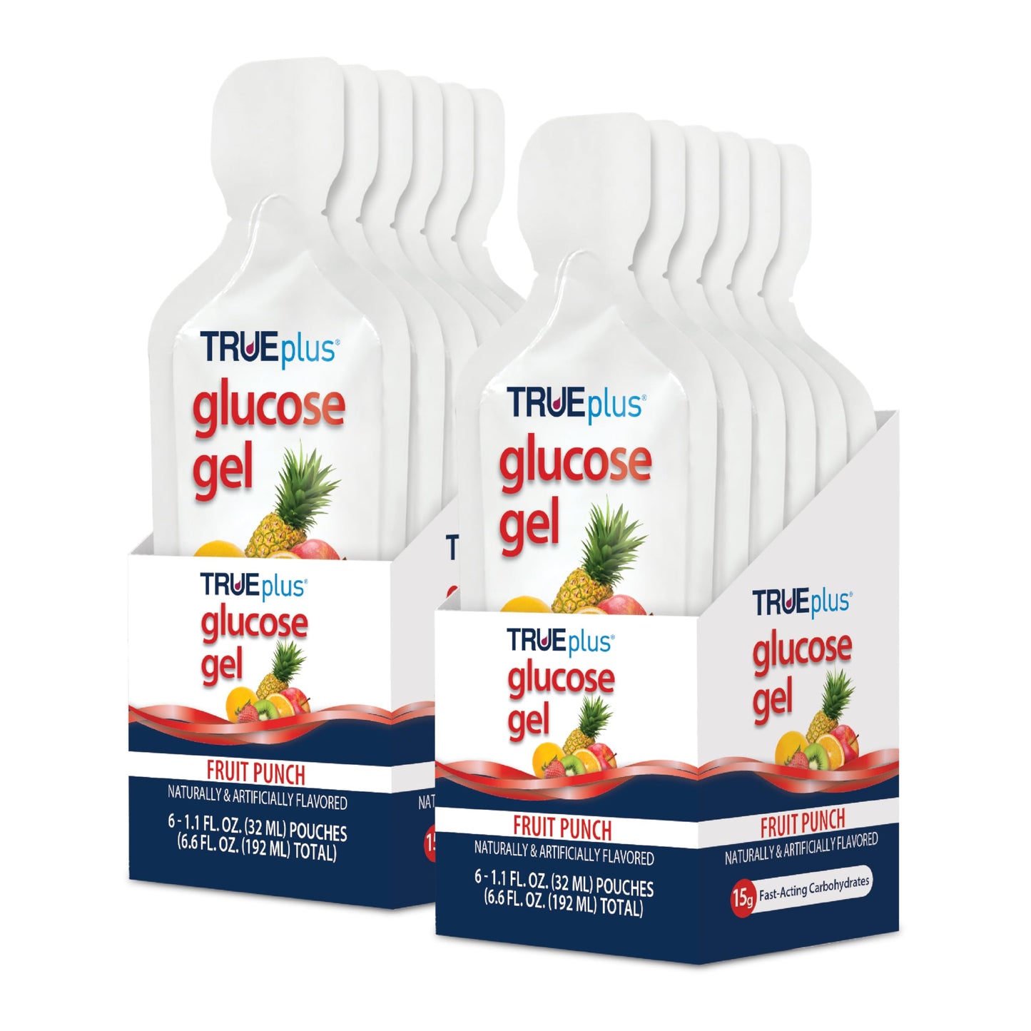 TRUEplus Glucose Gel Pouch, 15g Carbohydrates, Fruit Punch Flavor, 6 Pack | 15g Fast-Acting Carbohydrates Per Serving, Fat Free, Gluten Free, Boosts Energy, Great Tasting and Easy to Use