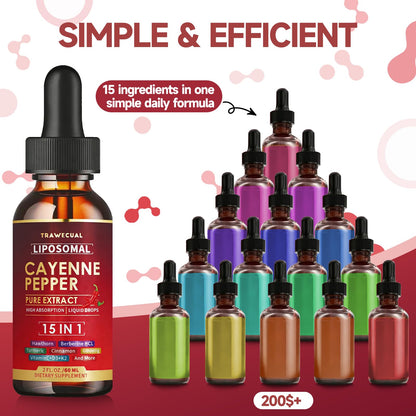 15 in1 Liposomal Cayenne Pepper Liquid Drops Supplement, with Vitamin D3 K2, Hawthorn, Berberine HCL, Beet Root, Turmeric, Cinnamon, Digestion, Circulatory Heath Support- 2 Fl Oz for 30 Days