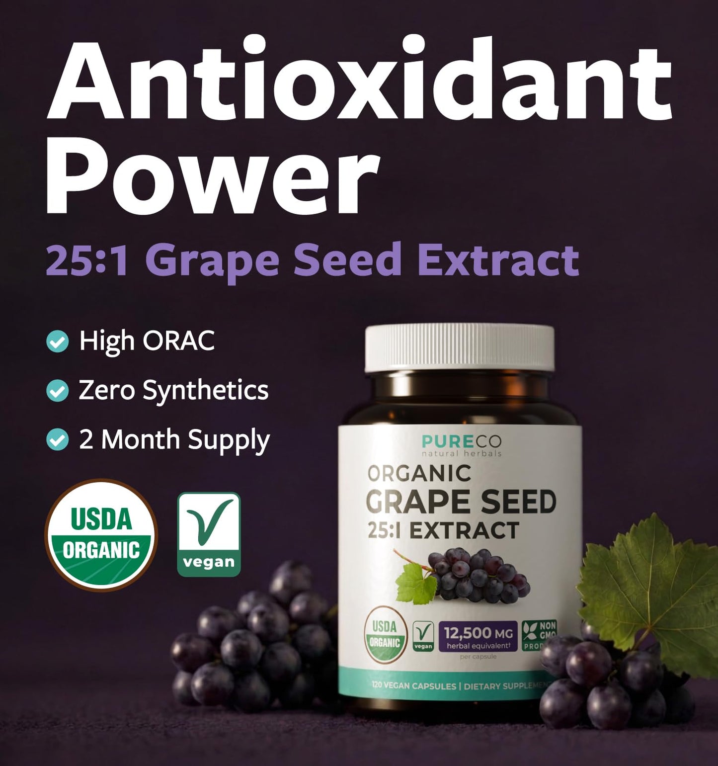 PURE CO USDA Organic Grape Seed Extract - High Potency 25:1 Grapeseed Supplement with 12,500mg Herbal Equivalent Strength - Antioxidant Support - Vegan & Non-GMO (4 Month Supply)