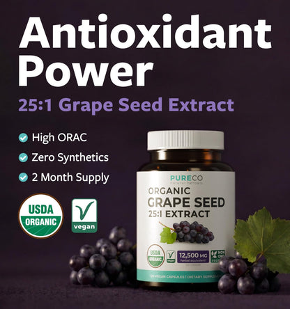 PURE CO USDA Organic Grape Seed Extract - High Potency 25:1 Grapeseed Supplement with 12,500mg Herbal Equivalent Strength - Antioxidant Support - Vegan & Non-GMO (4 Month Supply)