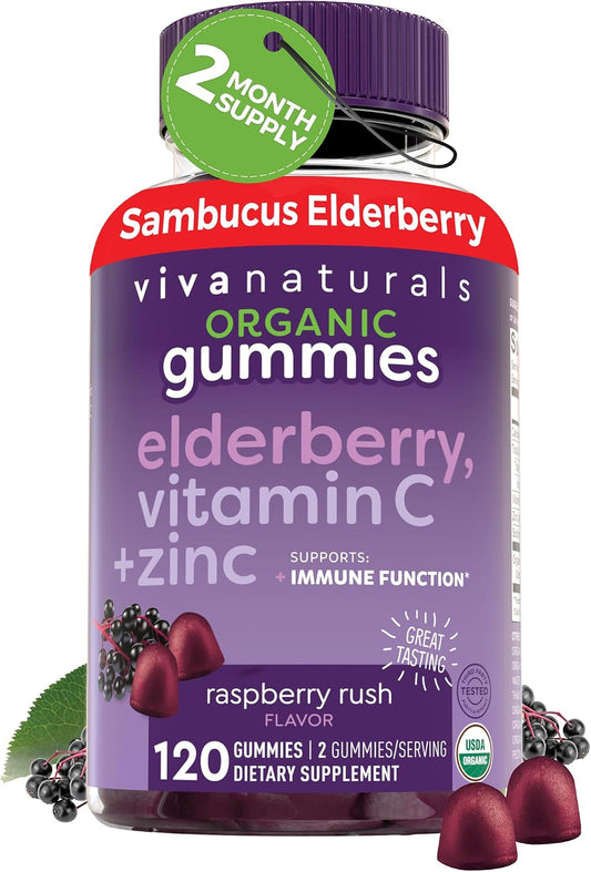 Viva Naturals Black Elderberry Vitamin C and Zinc Immune Support Gummies for Adults, Sambucus Elderberry Gummies with Raspberry Rush Flavor, USDA Organic, Non-GMO, (120 Count)