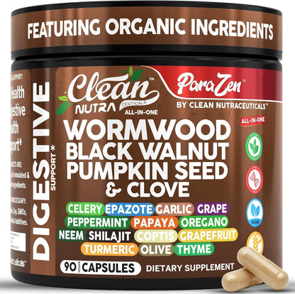 Clean Nutra Wormwood Black Walnut Pumpkin Seed Clove Oil Celery Garlic Grape Papaya Neem Diatomaceous Earth Womens Probiotic Gut Health Cleanse Detox Oregano Olive Turmeric Supplement Vegan Capsules