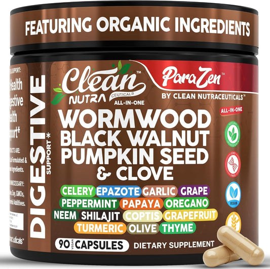 Clean Nutra Wormwood Black Walnut Pumpkin Seed Clove Oil Celery Garlic Grape Papaya Neem Diatomaceous Earth Womens Probiotic Gut Health Cleanse Detox Oregano Olive Turmeric Supplement Vegan Capsules
