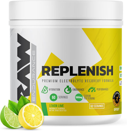 RAW Replenish, Premium Electrolytes Powder Recovery Formula, Lemon Lime (60 Servings) - Flavored Electrolyte Drink Mix Supplement for Hydration, Replenishment, Endurance & Performance Workouts
