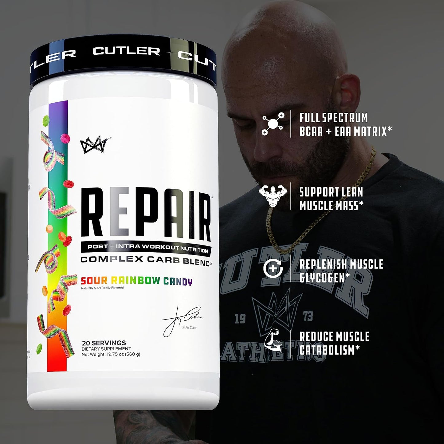 Cutler Nutrition Repair Sour Rainbow Candy Recovery Powder, 20 Servings | 19.75 oz | 15g Fast-Absorbing Carbs from Waxy Maize and Cluster Dextrin, plus 5g BCAAs and 2g EAAs for Muscle Recovery