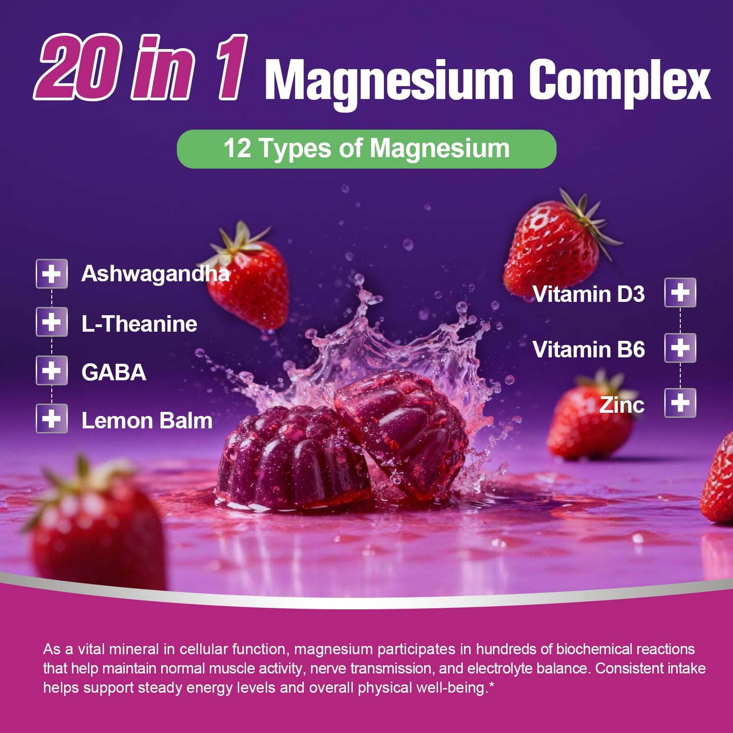 Migcopat Magnesium Complex 20 in 1 Magnesium Gummies with Glycinate Citrate Malate Taurate - Ashwagandha, L-Theanine, D3&Zinc for Relaxation, Sleep, Muscle&Heart Support, Strawberry, 60 Cts