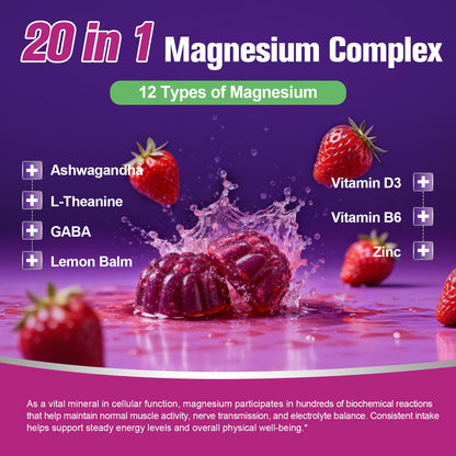 Migcopat Magnesium Complex 20 in 1 Magnesium Gummies with Glycinate Citrate Malate Taurate - Ashwagandha, L-Theanine, D3&Zinc for Relaxation, Sleep, Muscle&Heart Support, Strawberry, 60 Cts