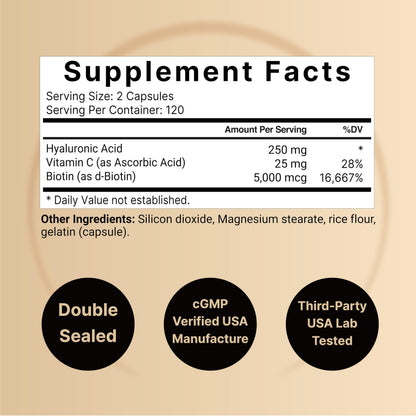 NatureBell Hyaluronic Acid Supplements 250mg | 240 Capsules, with Biotin 5000mcg