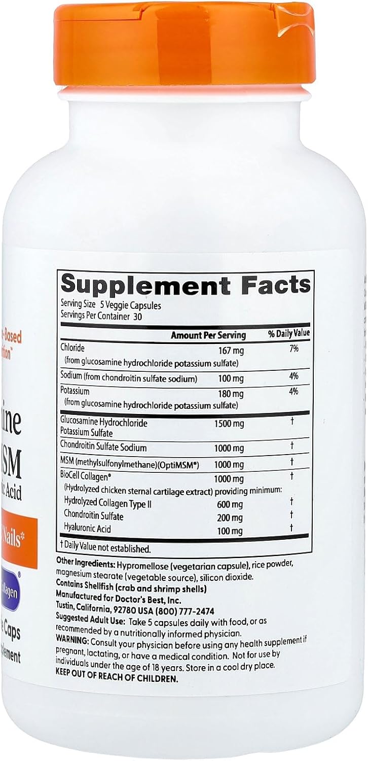 Doctor's Best Glucosamine Chondroitin MSM + Hyaluronic Acid with OptiMSM Featuring Biocell Collagen, Joint Support, Non-GMO, Gluten & Soy Free, 150 Caps
