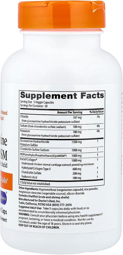 Doctor's Best Glucosamine Chondroitin MSM + Hyaluronic Acid with OptiMSM Featuring Biocell Collagen, Joint Support, Non-GMO, Gluten & Soy Free, 150 Caps