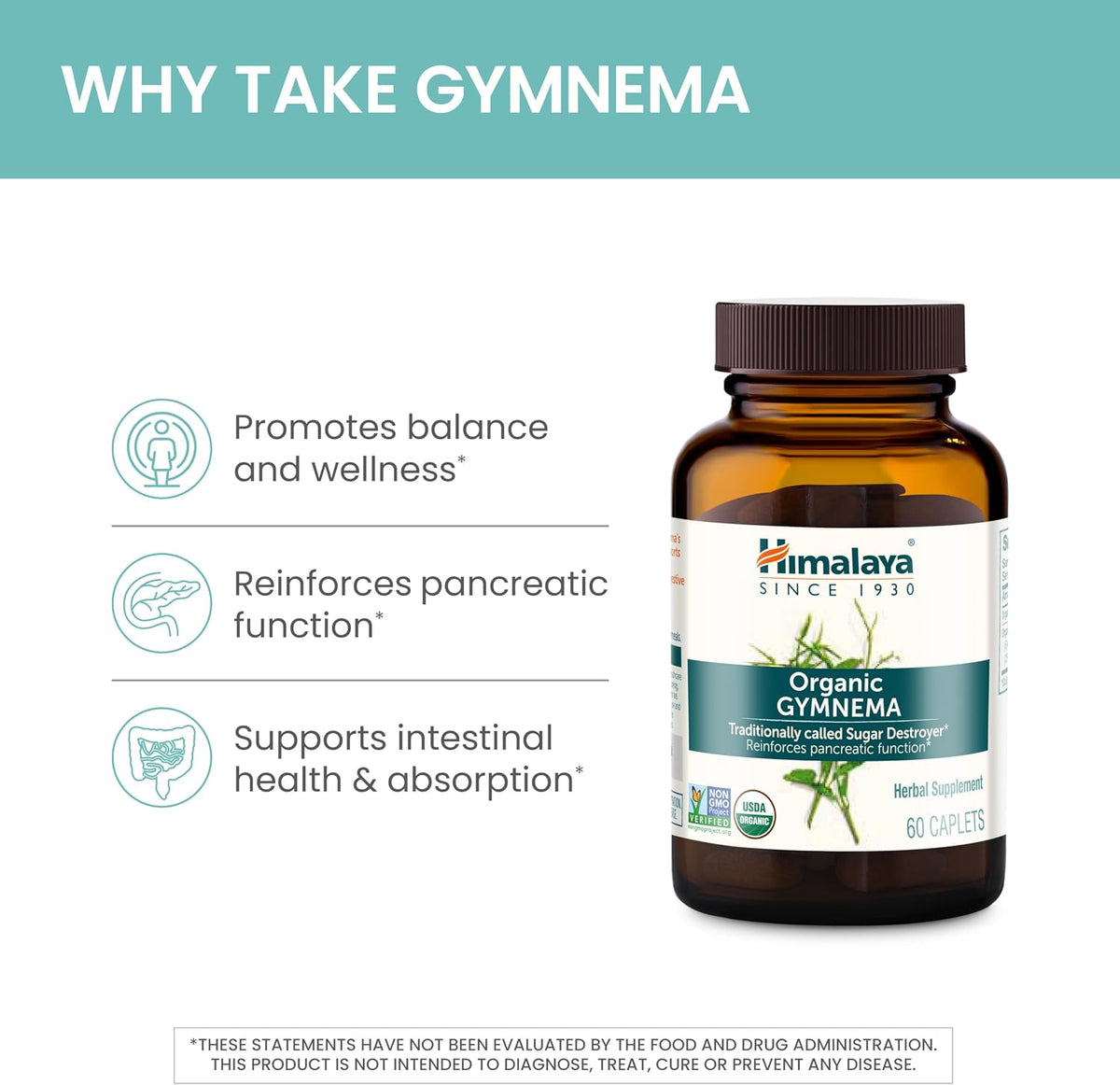 Himalaya USDA Organic Gymnema Sylvestre Supplement, 700mg, 60 Caplets
