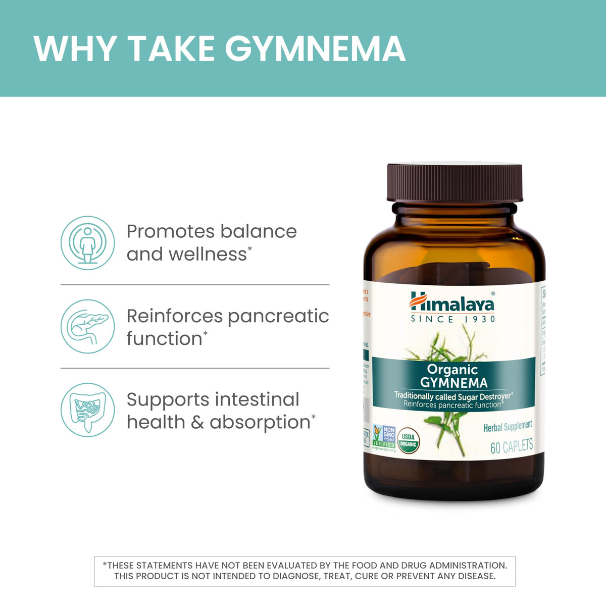 Himalaya USDA Organic Gymnema Sylvestre Supplement, 700mg, 60 Caplets