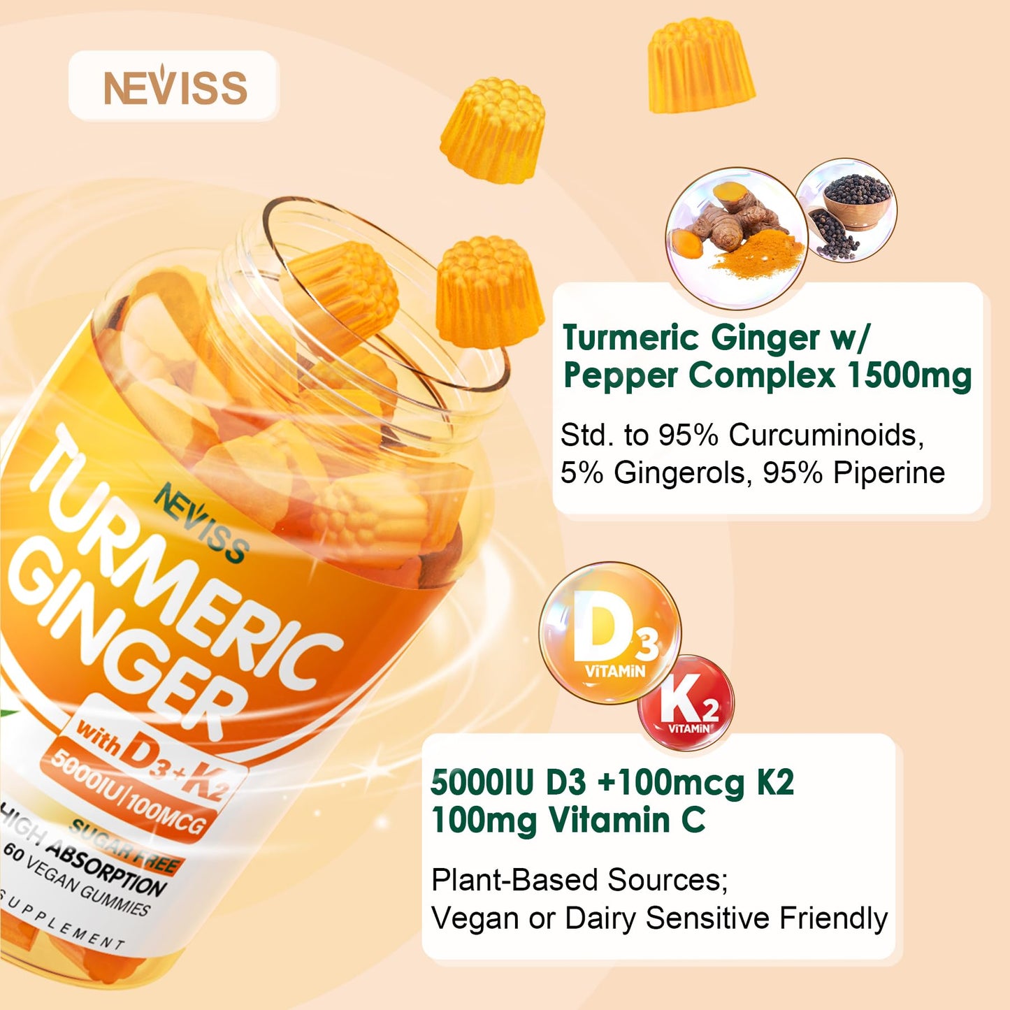 Turmeric and Ginger Gummies Supplement 1500mg w/Vitamin D3 5000 IU, K2 (MK7) & Black Pepper, Sugar Free Vegan Ginger and Turmeric Curcumin Supplements Gummy for Bone, Immune & Digestive Health, 120ct