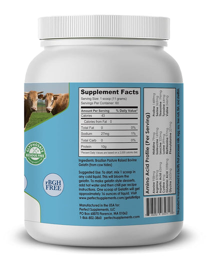 Perfect Bovine Gelatin 100% Grass Fed Beef Gelatin Powder (Cooked Collagen), Brazilian Pasture Raised ~ Large 23.3oz. 60 Serving Container ~ No Fillers, GMOs or Pesticides