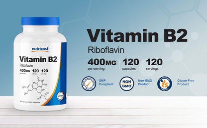 Nutricost Vitamin B2 (Riboflavin) 400mg, 120 Capsules (3 Bottles)