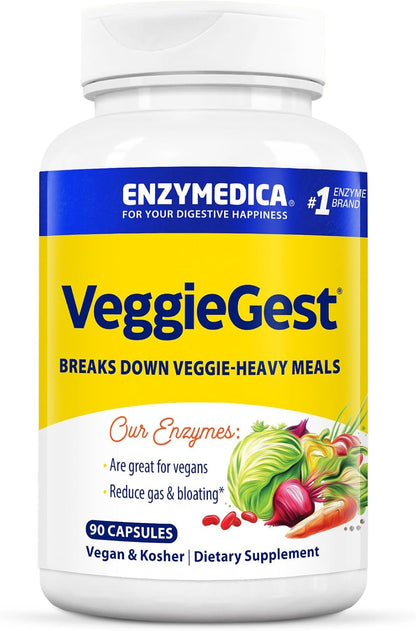 Enzymedica VeggieGest - Digestive Enzyme Supplement for Women & Men, Enzymes for Digestion & Gut Health Support, Support for Vegetarian/Vegan Diets, Helps Gas & Bloating, Gluten Free - 90 Caps