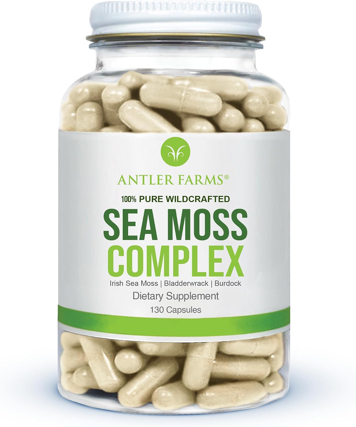 Antler Farms Sea Moss Complex - Bladderwrack, Burdock Root, 130 Capsules | Wildcrafted Irish Sea Moss, Bladderwrack, and Burdock Root, for Wellness, Vegan-Friendly, Gluten, Soy, and Dairy Free