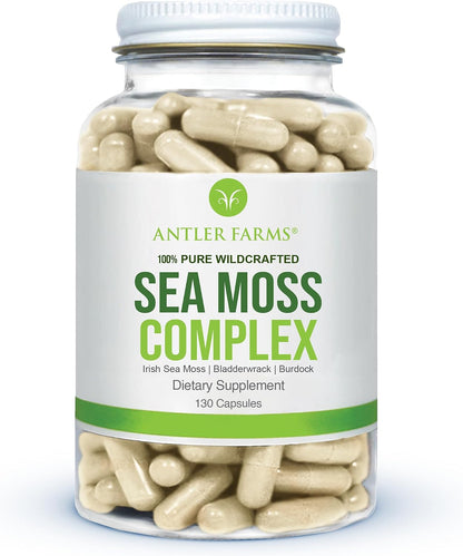 Antler Farms Sea Moss Complex - Bladderwrack, Burdock Root, 130 Capsules | Wildcrafted Irish Sea Moss, Bladderwrack, and Burdock Root, for Wellness, Vegan-Friendly, Gluten, Soy, and Dairy Free