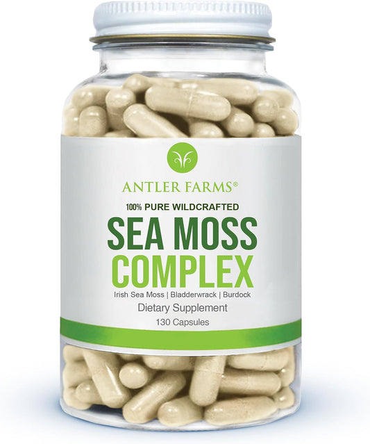 Antler Farms Sea Moss Complex - Bladderwrack, Burdock Root, 130 Capsules | Wildcrafted Irish Sea Moss, Bladderwrack, and Burdock Root, for Wellness, Vegan-Friendly, Gluten, Soy, and Dairy Free