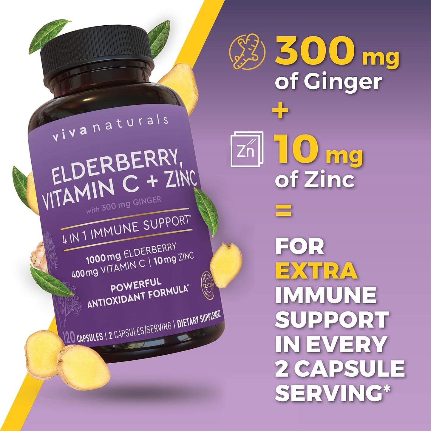 Viva Naturals Elderberry with Vitamin C and Zinc, 120 Capsules - 1000mg Sambucus Elderberry per Serving Immune Support Supplement, Black Elderberry Capsules for Adults, Elderberry Vitamins