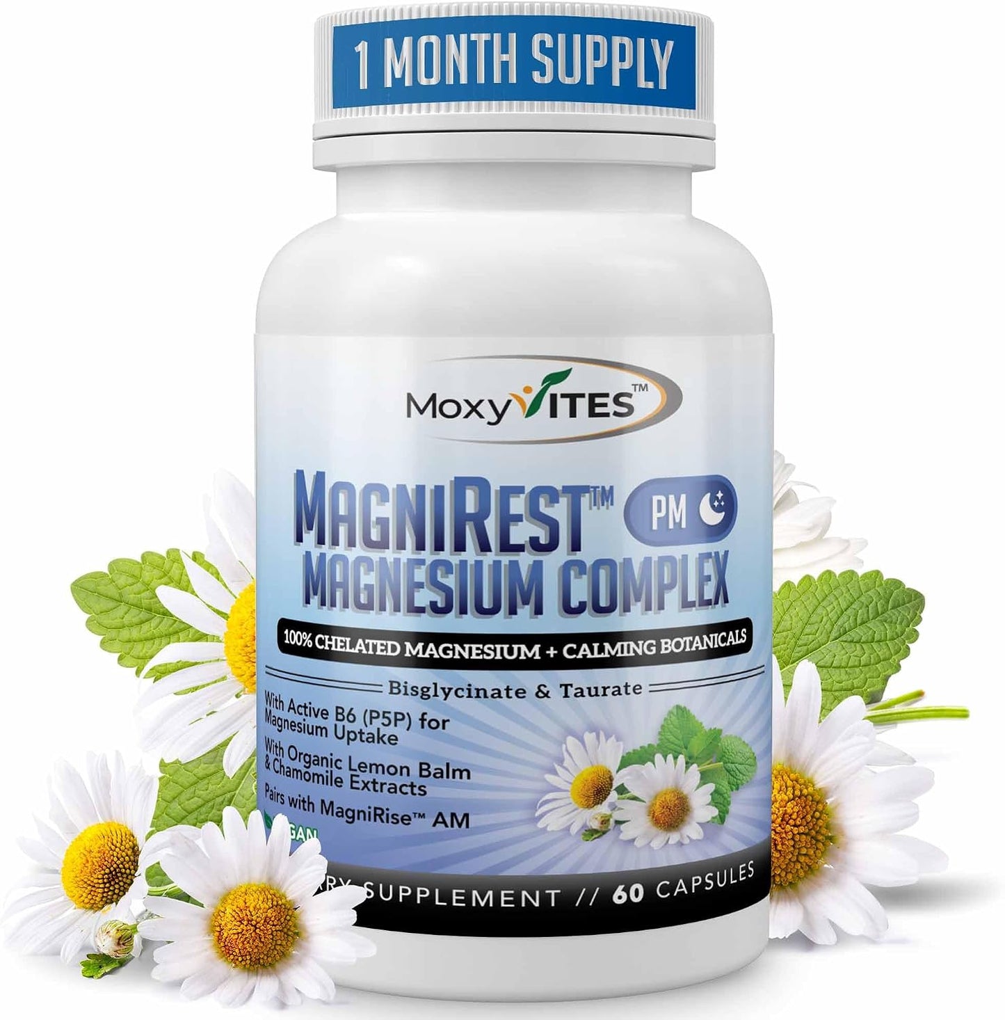 MoxyVites MagniRest PM Magnesium Complex for Women & Men - Magnesium Bisglycinate, Taurate, Active B6, & Calming Organic Botanicals - Chelated High Absorption - Nighttime Magnesium, 60 Vegan Capsules
